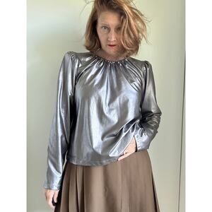 DEREK LAM 10 CROSBY Kary Metallic Crepe Blouse In Silver Size 48/Large Glam Punk